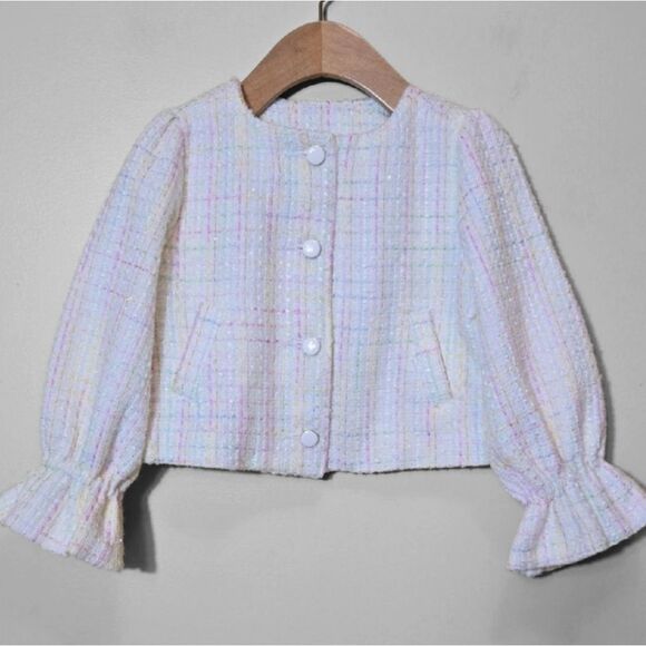 Janie & Jack Tweed Ruffle Sleeve Cropped Jacket Pastel Size 3 Dressy Preppy Luxe - Picture 1 of 14